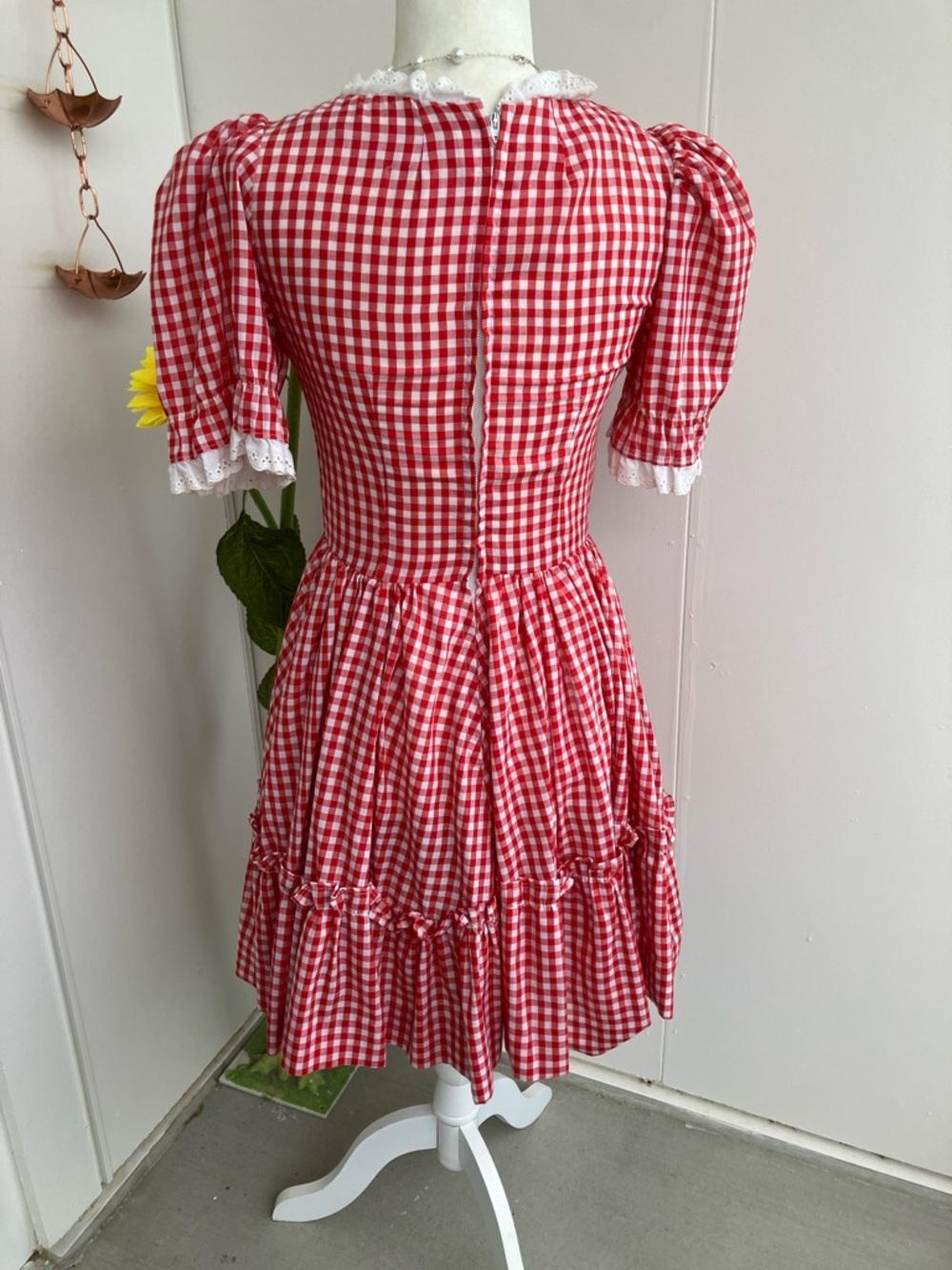 Vintage 60s Red & White Puff Sleeve Circle Skirt Gingham Square Dance Dress - Picture 7 of 10